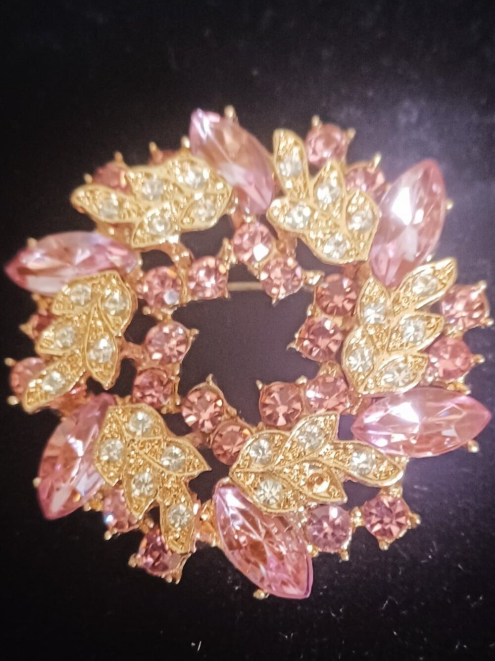 Beautiful Pink & Clear Rhinestone Floral Round Wreath Marquise Brooch Pin
